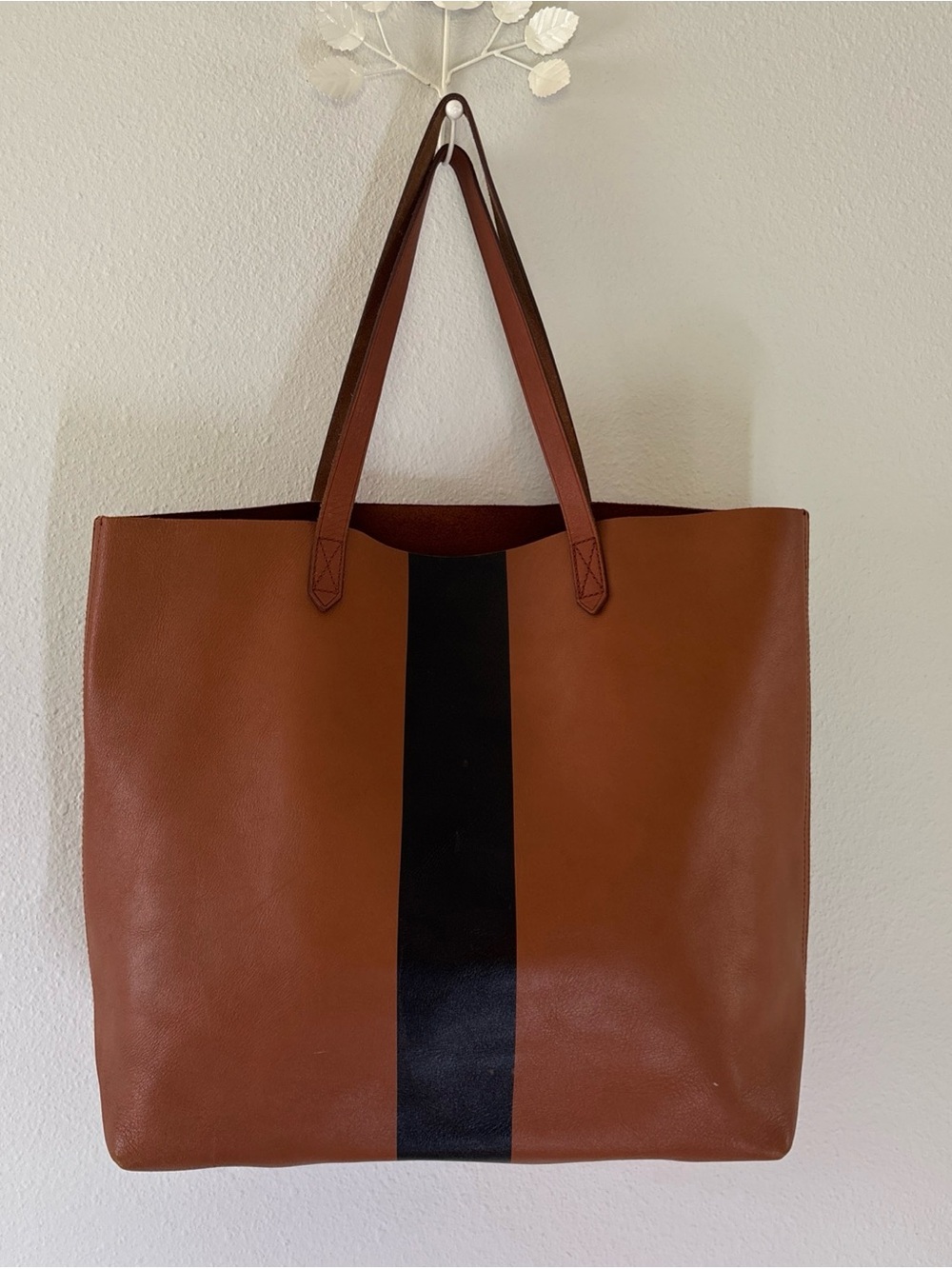 Madewell The Paint Stripe Transport Leather Tote Bag Cognac Brown Black Stripe